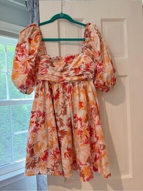 Abercrombie & Fitch Floral Midi Dress in White, Orange, Pink, Brown